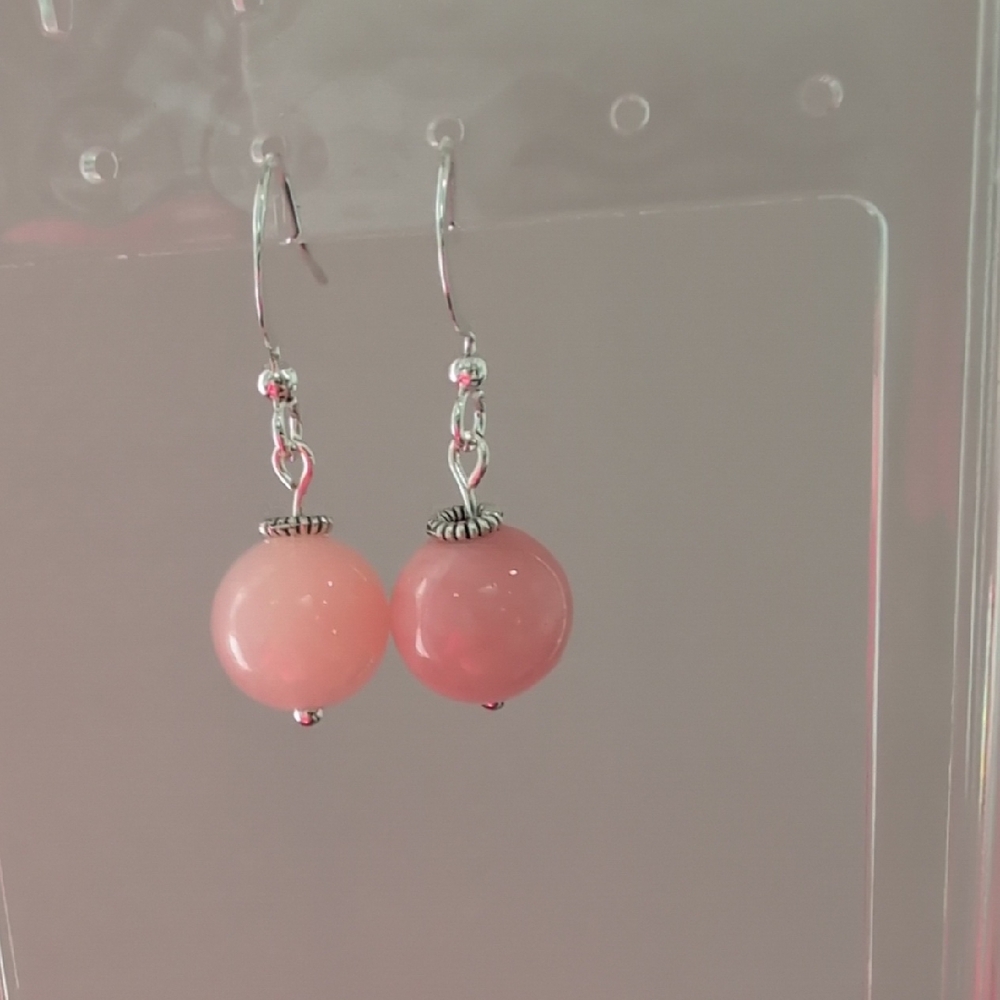 Handmade Pink Jade Dangle Earrings - Silver Plated Posts Hypoallergenic